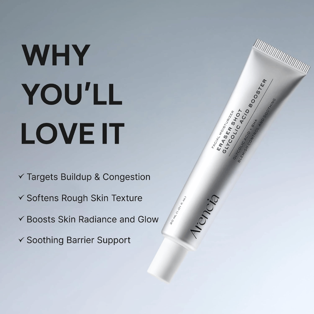 Arencia Eraser Shot Glycolic Acid Booster – exfoliačný booster, ktorý zjednocuje textúru pleti a dodáva jas