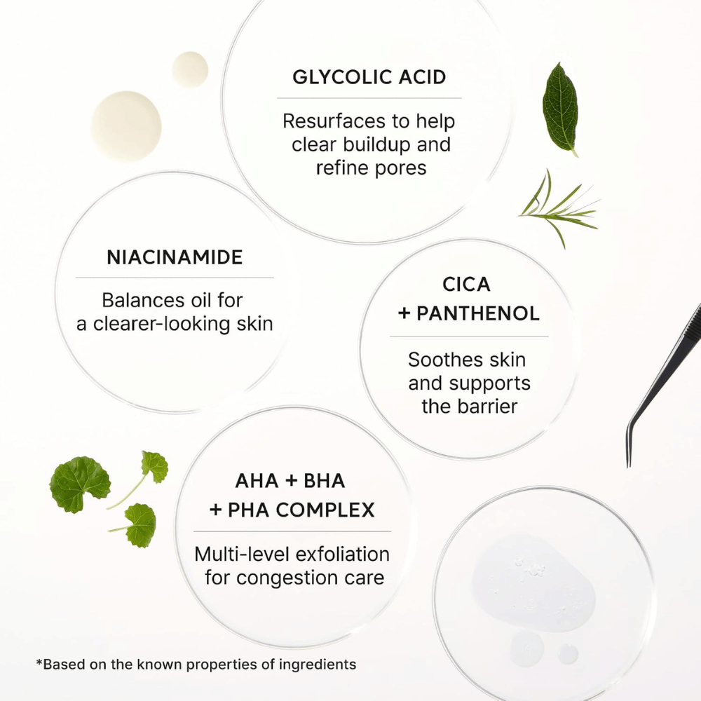 Arencia Eraser Shot Glycolic Acid Booster – kyselina glykolová, niacínamid, cica, panthenol a tiež AHA BHA PHA