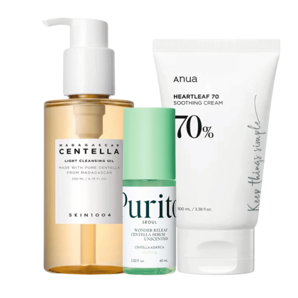Táto sada na starostlivosť o pleť obsahuje tri kroky pre žiarivú pleť: SKIN1004 Madagascar Centella Light Cleansing Oil pre jemné čistenie, Purito Wonder Relief Centella Serum pre hydratáciu a Anua Heartleaf 70 Soothing Cream pre upokojujúcu starostlivosť. Perfektné na každodenné použitie.