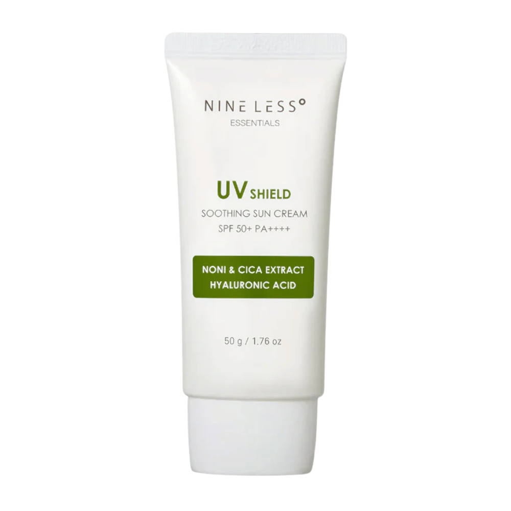 NINE LESS Essentials UV Shield Soothing Sun Cream SPF 50+ PA++++ – hydratačný opaľovací krém s noni, extraktom z cica a kyselinou hyalurónovou, ktorý chráni a upokojuje pokožku.