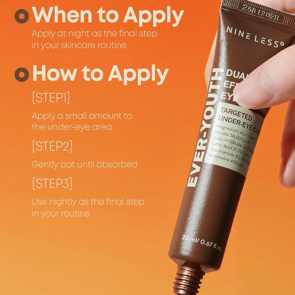NINE LESS Ever-Youth Dual Effect Eye Cream – aplikácia očného krému ako posledný krok večernej rutiny