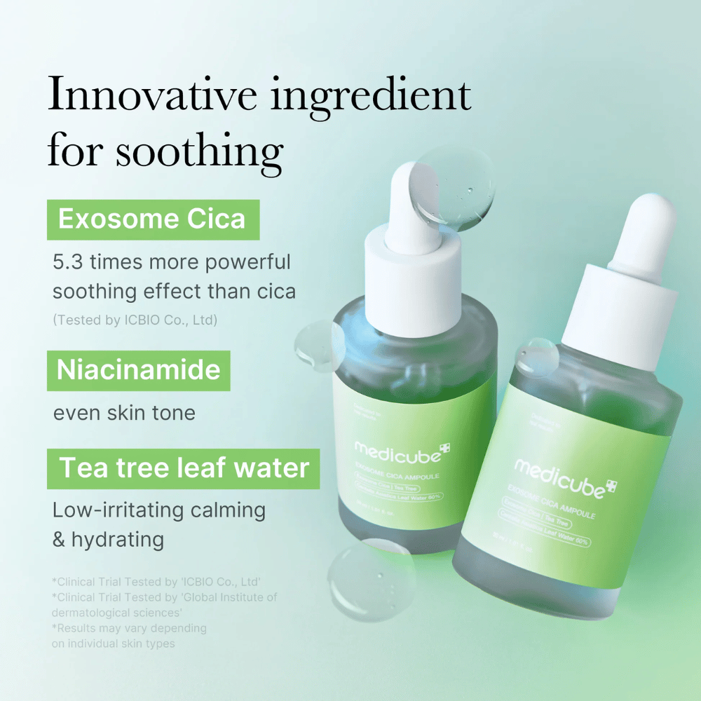 Dve fľaše Medicube Exosome Cica Ampoule, formulované s Exosome Cica, niacínamidom a vodou z listov čajovníka pre upokojujúci efekt.