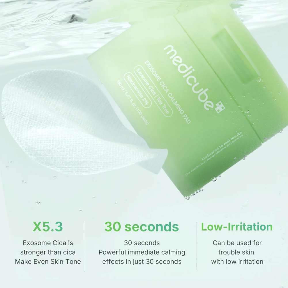 Medicube Exosome Cica Calming Pads pod vodou, s výhodami: 5,3x silnejšie ako cica, účinok za 30 sekúnd, nízka podráždenosť.