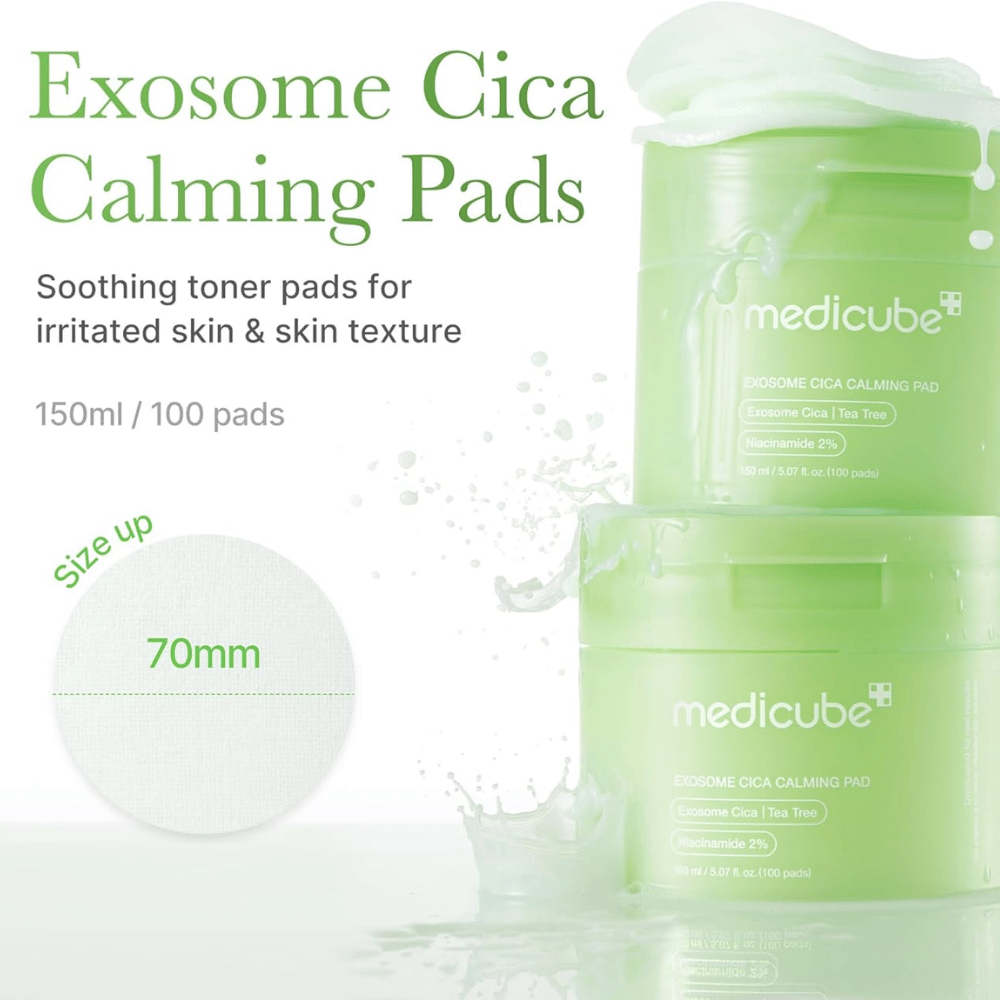 Medicube Exosome Cica Calming Pads v zelenej nádobe, upokojujúce tonizačné vankúšiky s niacinamidom a čajovníkom pre podráždenú pleť, 150 ml/100 vankúšikov.