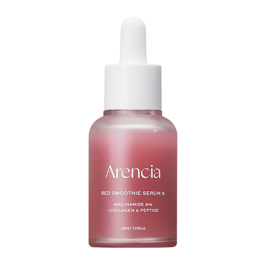 Arencia Red Smoothie Serum 8 v sklenenej fľaši s pipetou, 30 ml. Ružové sérum s niacínamidom, kolagénom a peptidmi, ktoré posilňuje kožnú bariéru a zvyšuje pružnosť.