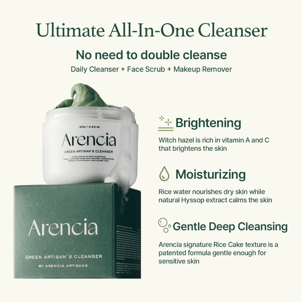 Arencia Green Artisan's Cleanser je zobrazený s nádobou a krabicou. Text zdôrazňuje výhody: Rozjasnenie (vitamín A & C), Hydratácia (ryžová voda & yzop), Jemné hĺbkové čistenie s patentovanou ryžovou textúrou.