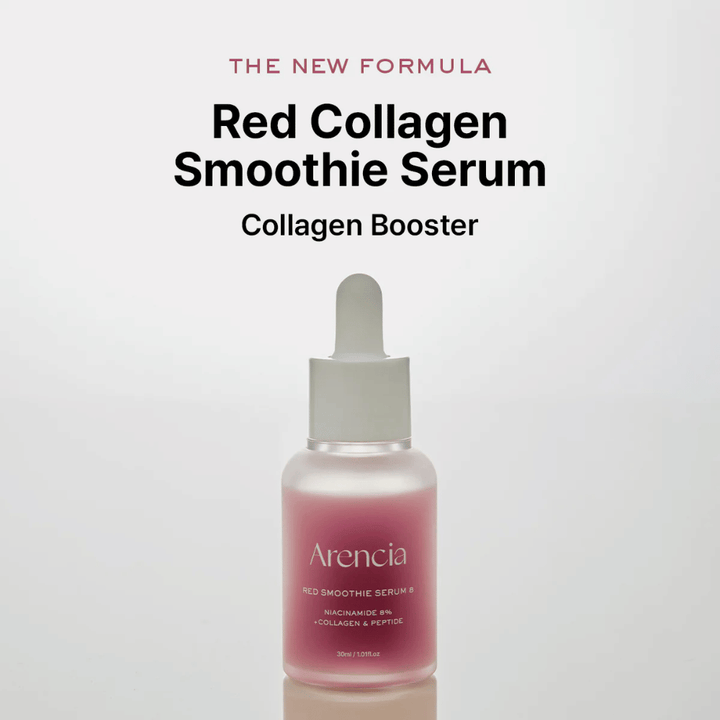 Arencia Red Smoothie Serum 8 je prezentované ako "Red Collagen Smoothie Serum", silný kolagénový booster s 8 % niacínamidu, kolagénom a peptidmi.