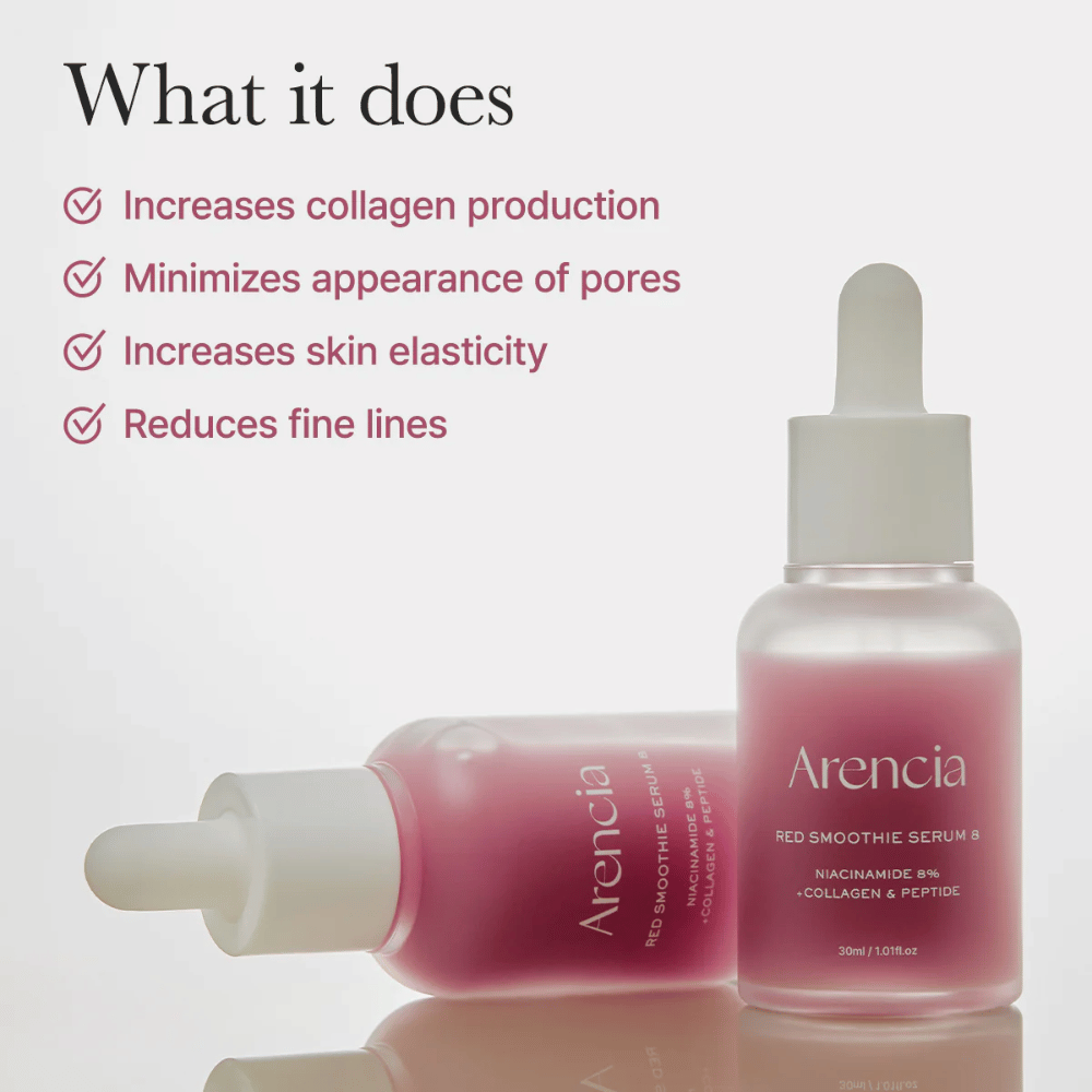 Dve fľaše Arencia Red Smoothie Serum 8 sú zobrazené s textom o účinkoch ako zvýšená produkcia kolagénu, zmenšené póry, zlepšená elasticita a redukované jemné vrásky.