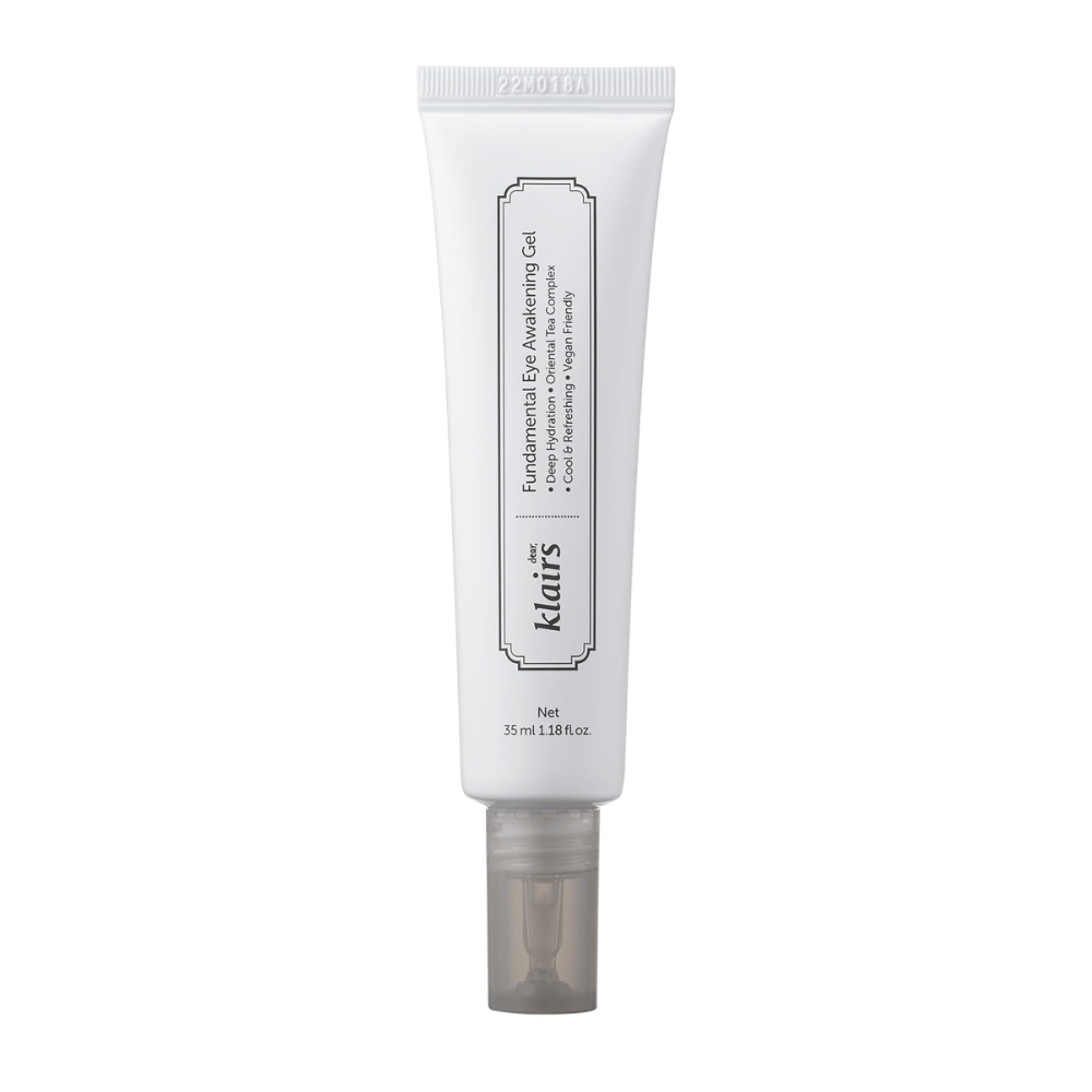 Produktová fotografia na bielom pozadí s vyrezaným objektom Klairs Fundamental Eye Awakening Gel. Tuba je zobrazená spredu, aby jasne prezentovala názov produktu, veľkosť a čistý, minimalistický dizajn, ktorý je typický pre produkty Klairs.