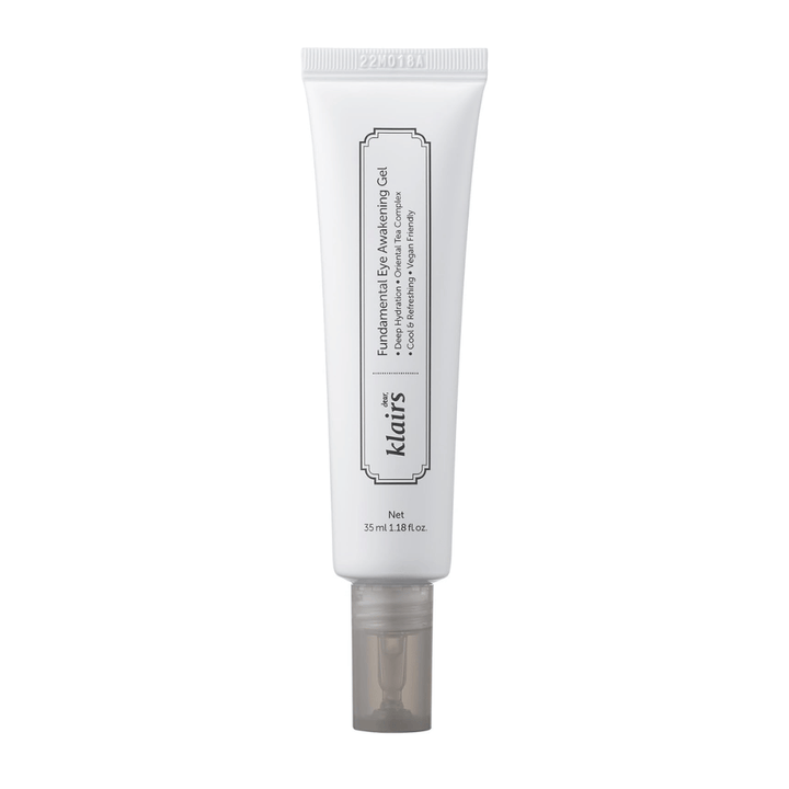 Produktová fotografia na bielom pozadí s vyrezaným objektom Klairs Fundamental Eye Awakening Gel. Tuba je zobrazená spredu, aby jasne prezentovala názov produktu, veľkosť a čistý, minimalistický dizajn, ktorý je typický pre produkty Klairs.