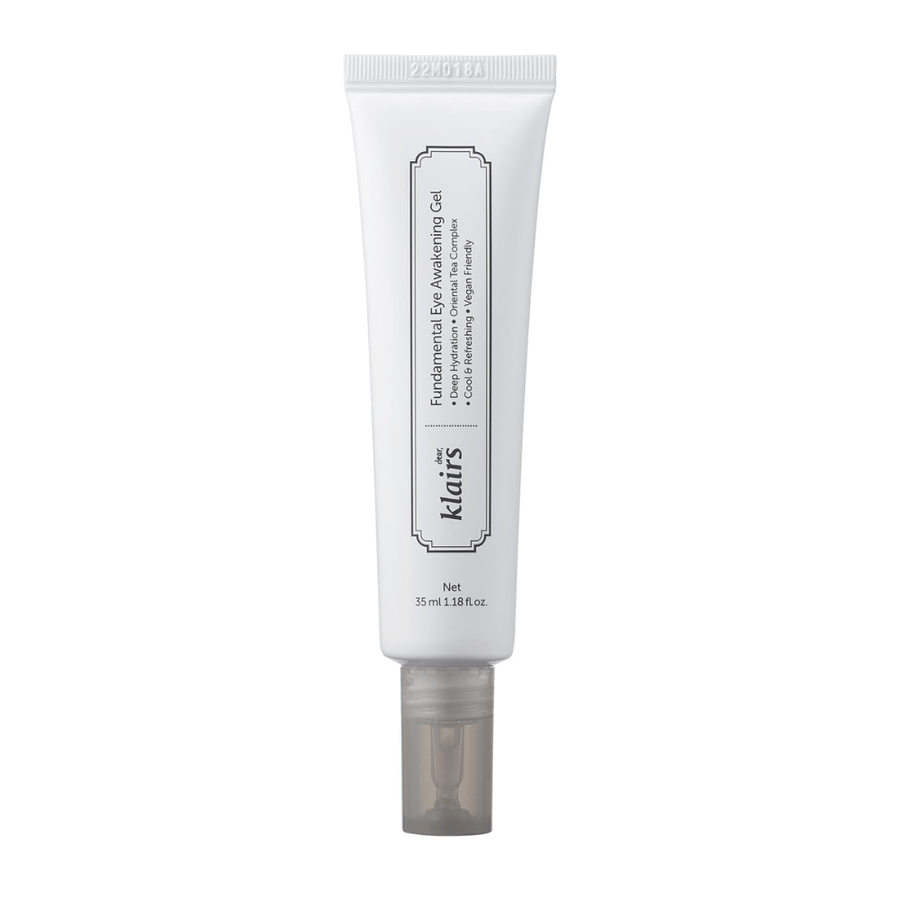Produktová fotografia na bielom pozadí s vyrezaným objektom Klairs Fundamental Eye Awakening Gel. Tuba je zobrazená spredu, aby jasne prezentovala názov produktu, veľkosť a čistý, minimalistický dizajn, ktorý je typický pre produkty Klairs.