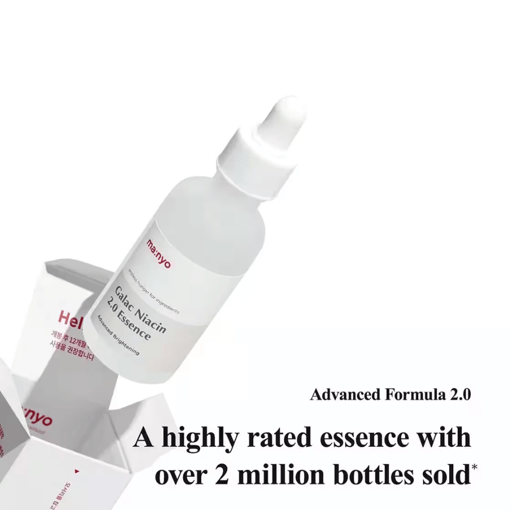 Ma:nyo Galac Niacin 2.0 Essence – najpredávanejšia kórejská esencia s viac ako 2 miliónmi predaných fliaš, obohatená o galactomyces a niacínamid pre jasnejší tón pleti.