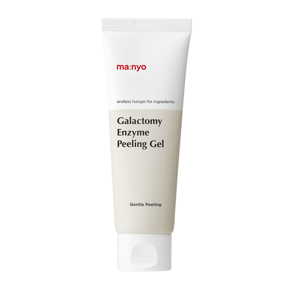 ma:nyo Galactomy Enzyme Peeling Gel, jemný exfoliačný peelingový gél v bielej a béžovej tube na bielom pozadí.