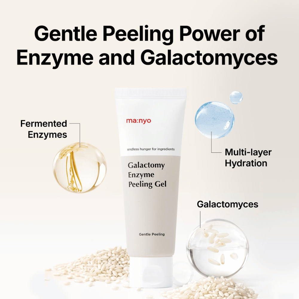 ma:nyo Galactomy Enzyme Peeling Gel s fermentovanými enzýmami a galactomyces, ktoré exfoliujú a hydratujú pleť.