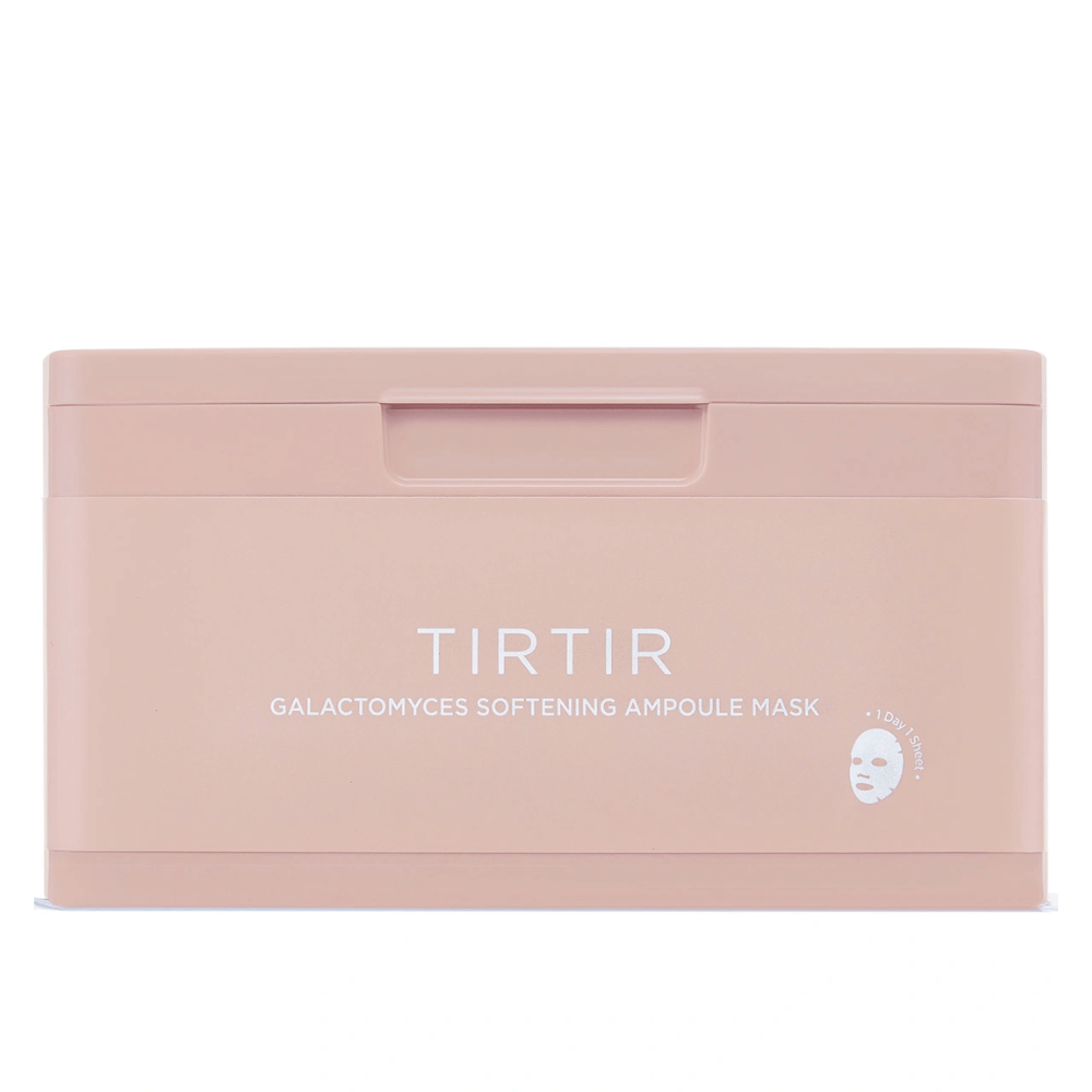 Ružová nádoba s textom "TIRTIR GALACTOMYCES SOFTENING AMPOULE MASK" a malou ikonou pleťovej masky, navrhnutá na uloženie viacerých pleťových masiek.
