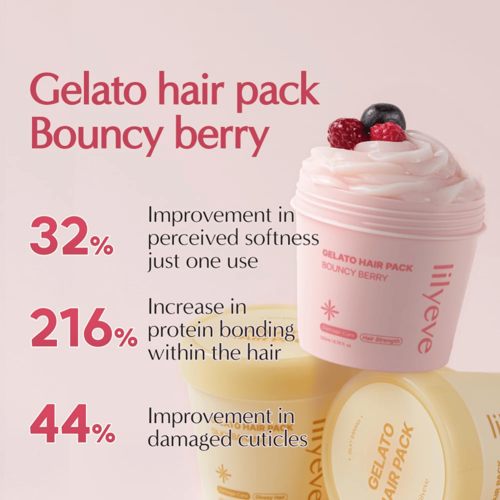 LILYEVE Gelato Hair Pack Bouncy Berry – posilňujúca proteínová maska pre jemnejšie vlasy a starostlivosť o poškodené vlasové vlákna.