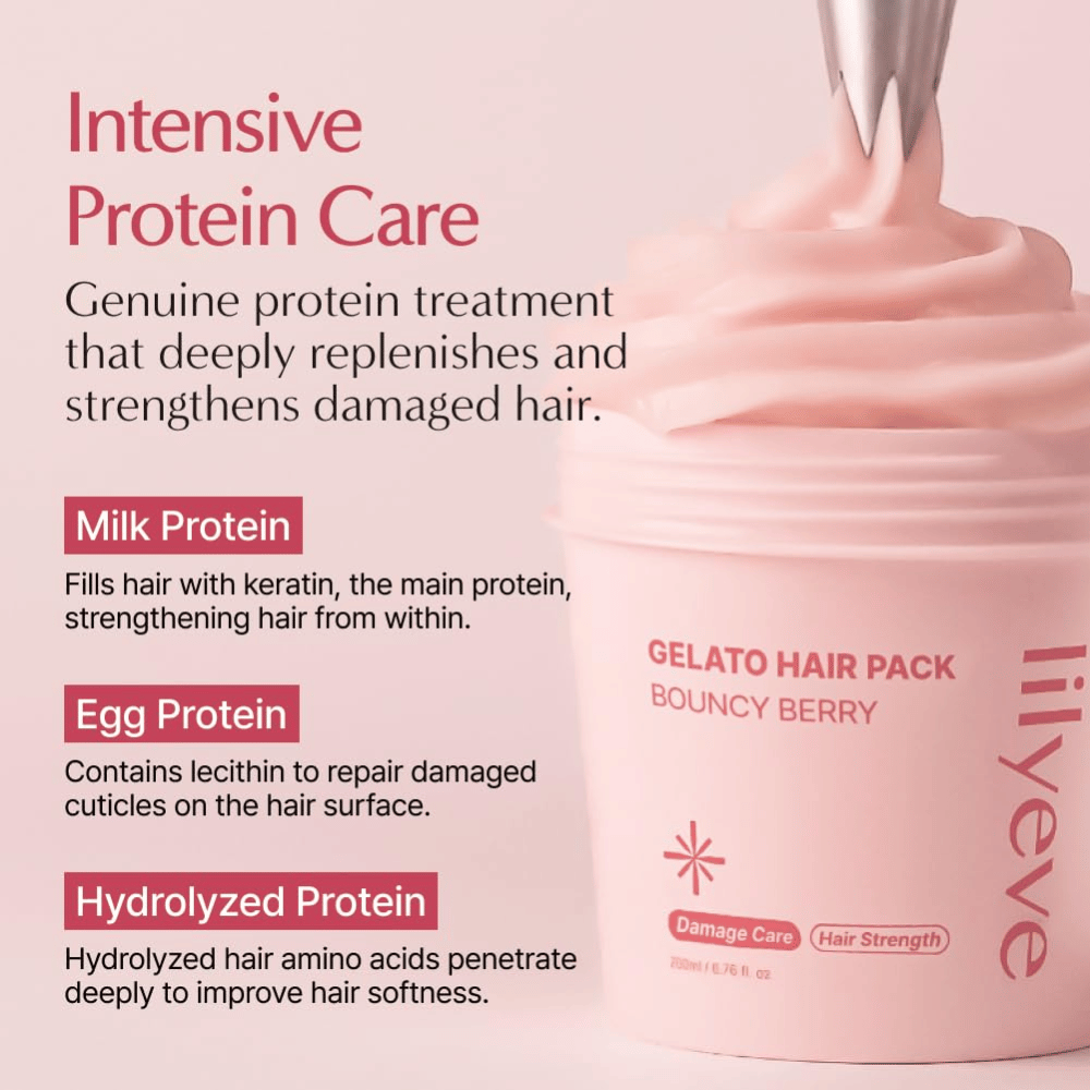 LILYEVE Gelato Hair Pack Bouncy Berry s mliečnym proteínom, vaječným proteínom a hydrolyzovaným proteínom na intenzívnu starostlivosť o poškodené vlasy.