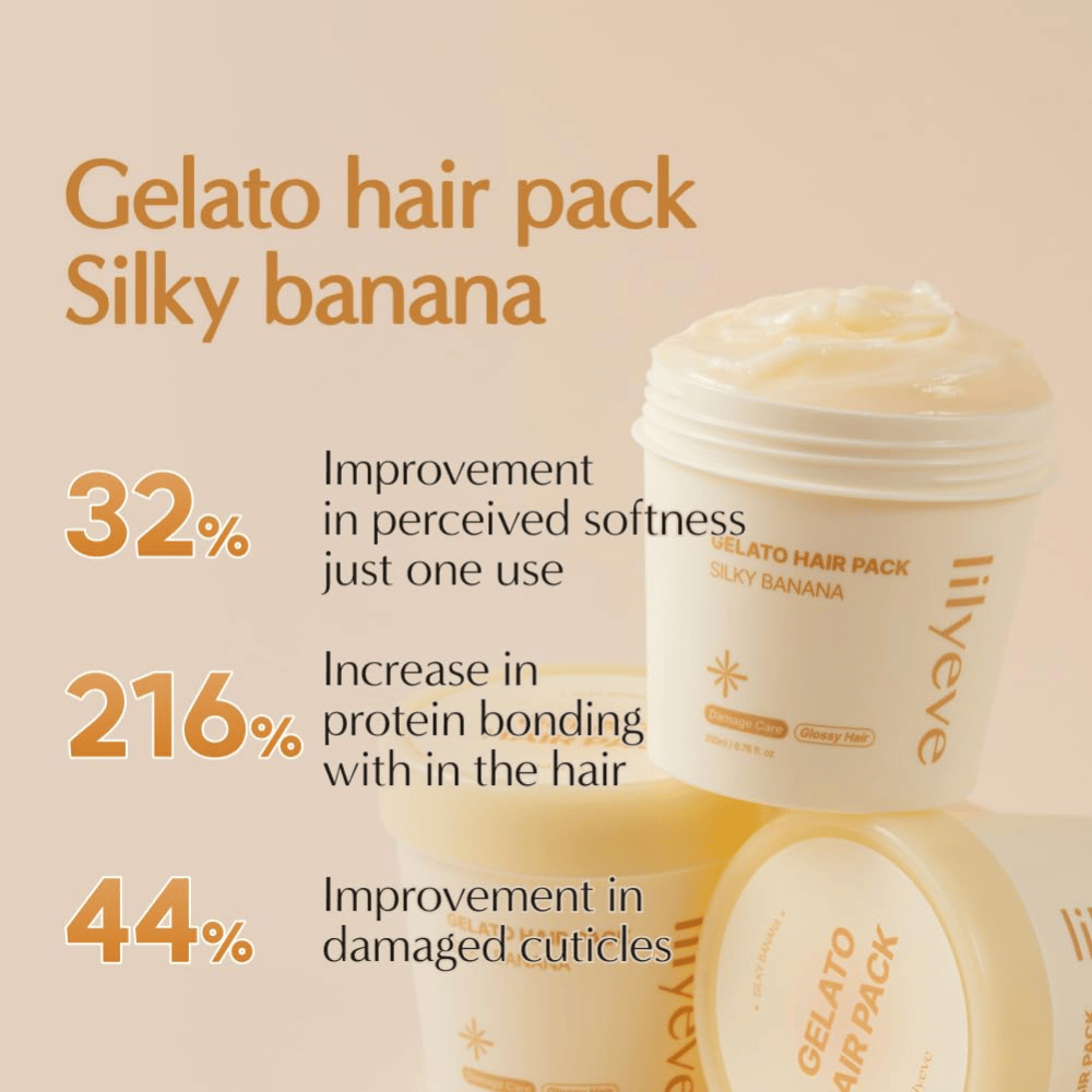 LILYEVE Gelato Hair Pack Silky Banana – proteínmi bohatá maska na vlasy pre jemnejšie vlasy, lesk a starostlivosť o poškodené vlasové vlákna.