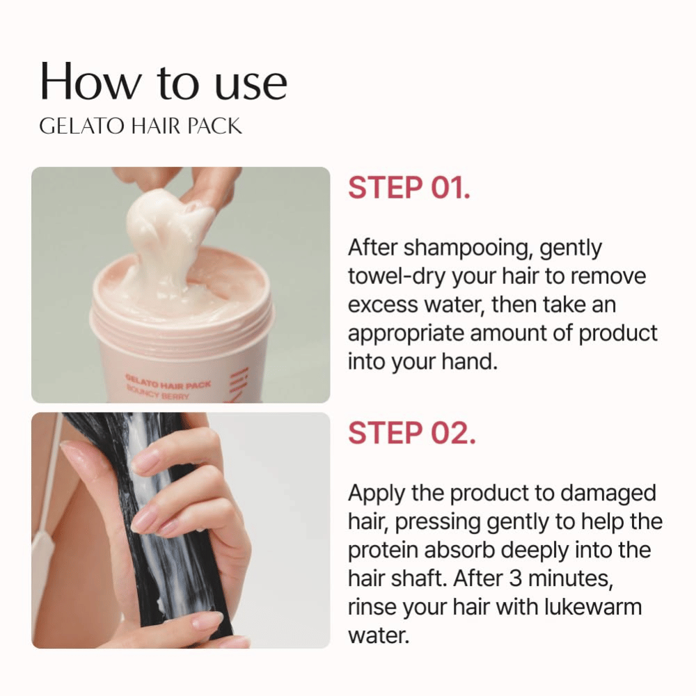Ako používať LILYEVE Gelato Hair Pack – aplikujte masku na vlasy do uterákom vysušených vlasov, nechajte pôsobiť 3 minúty a opláchnite.