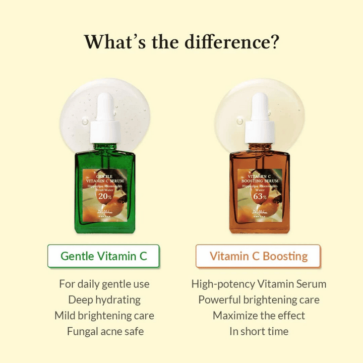 Gentle Vitamin C Serum je ideálne na každodenné použitie, hlboko hydratuje a jemne rozjasňuje pokožku. Bezpečné pre pleť s kvasinkovými akné. Vitamin C Boosting Serum má vysokú koncentráciu pre silné rozjasnenie a rýchle výsledky. Ideálne pre intenzívne potreby pleti.