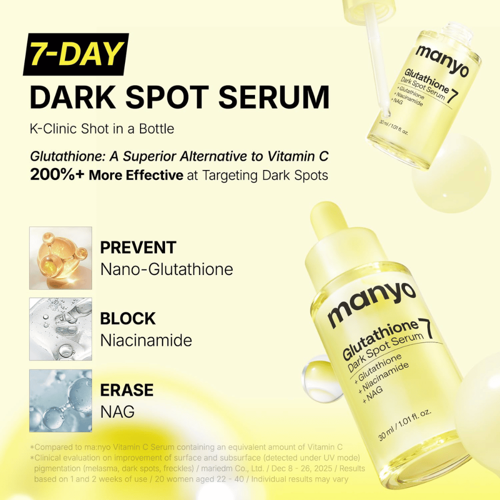Ma:nyo Glutathione 7 Dark Spot Serum na intenzívne ošetrenie pigmentových škvŕn s glutathionom, niacinamidom a NAG