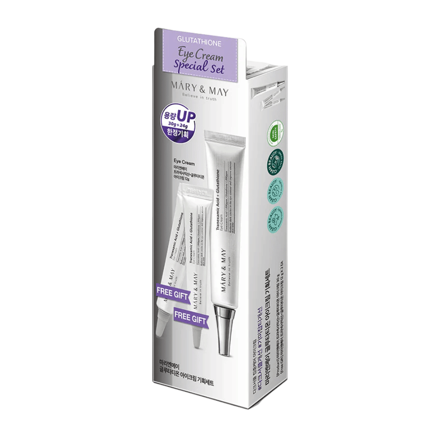 Mary&May Glutathione Eye Cream Special Set s bonusovými produktmi, populárny K-beauty-set pre intenzívne zosvetlenie a starostlivosť o pokožku okolo očí.
