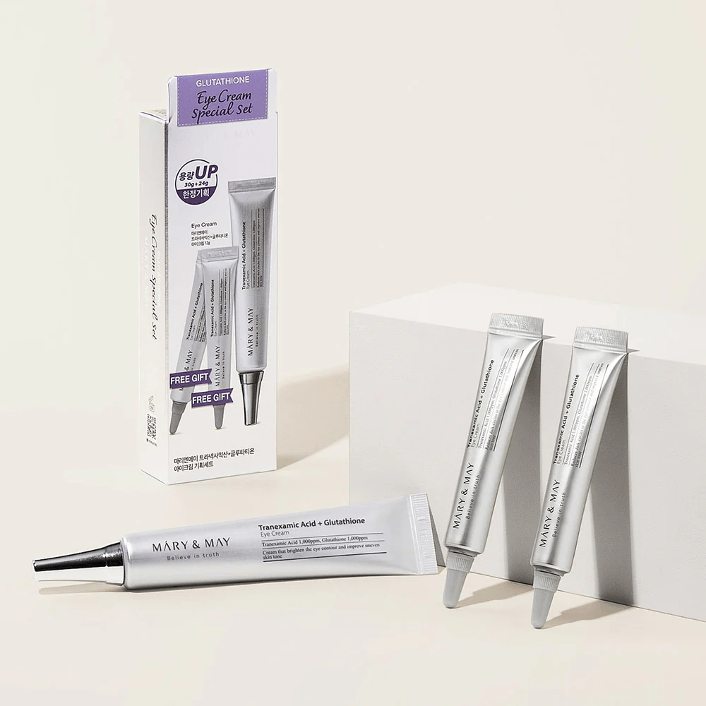 Mary&May Tranexamic Acid + Glutathione Eye Cream Špeciálna sada s originálnym balením a extra tubami, kompletná sada pre žiarivú a vyrovnávajúcu starostlivosť o oči.