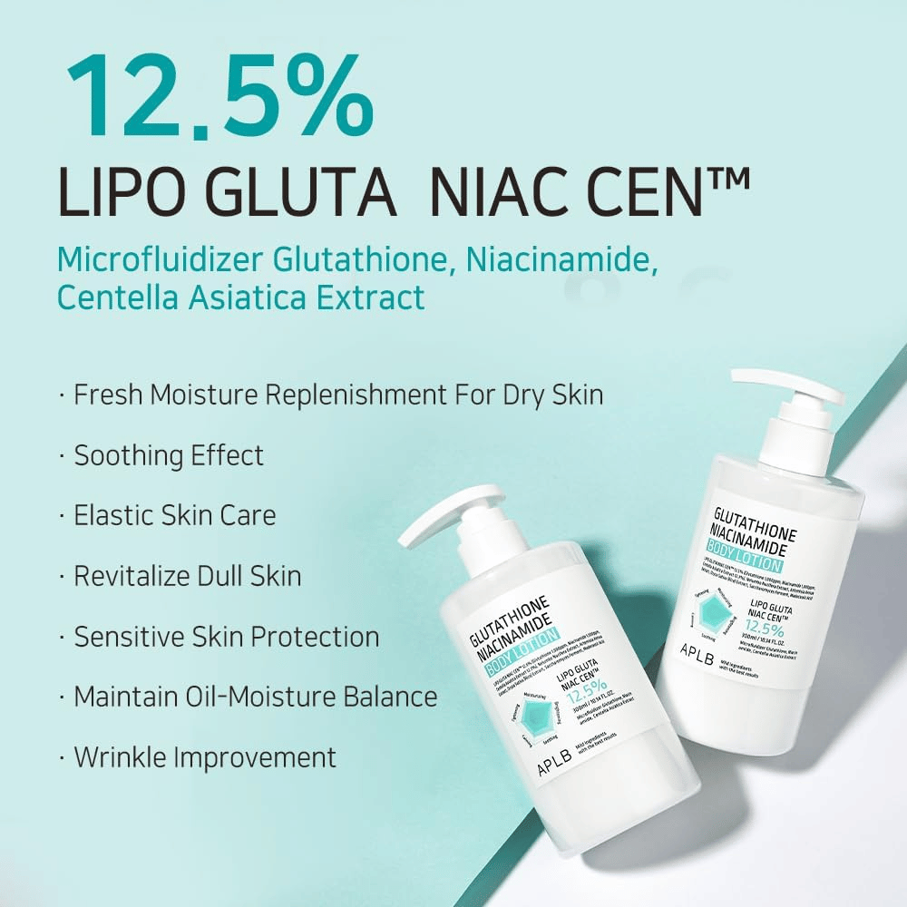 APLB Glutathione Niacinamide Body Lotion 12,5 % Lipo Gluta Niac Cent s hydratáciou, vyvážením pokožky, anti-age účinkom a ochranou pre citlivú pokožku