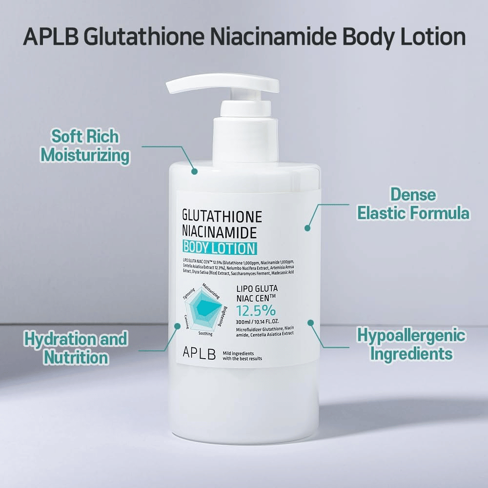 APLB Glutathione Niacinamide Body Lotion pumpičková fľaša s hydratačným, elastickým zložením a hypoalergénnymi ingredienciami pre jemnú a výživnú starostlivosť o pokožku