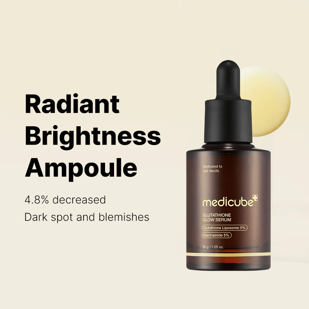 Medicube Radiant Brightness Ampoule – Glutathione Glow Serum s 5% glutathión-lipozómom a 5% niacínamidom. Znižuje tmavé škvrny a nerovnomerný tón pleti pre žiarivý lesk.