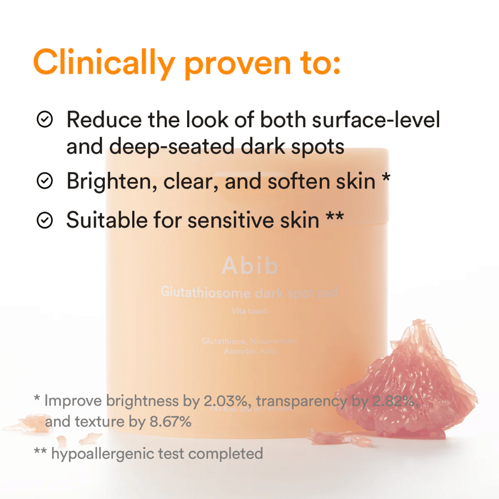 Abib Glutathiosome Dark Spot Pad Vita Touch s klinicky testovanými účinkami na rozjasnenie a pigmentáciu.