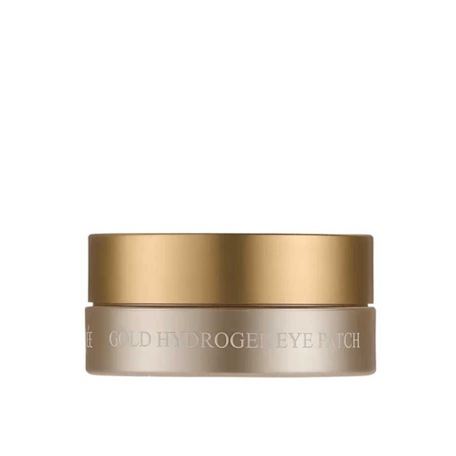 Vyrezaná produktová fotografia PETITFEE Gold Hydrogel Eye Patch v elegantnej zlatej dóze na svetlom pozadí. Dizajn pôsobí exkluzívnym a luxusným dojmom.