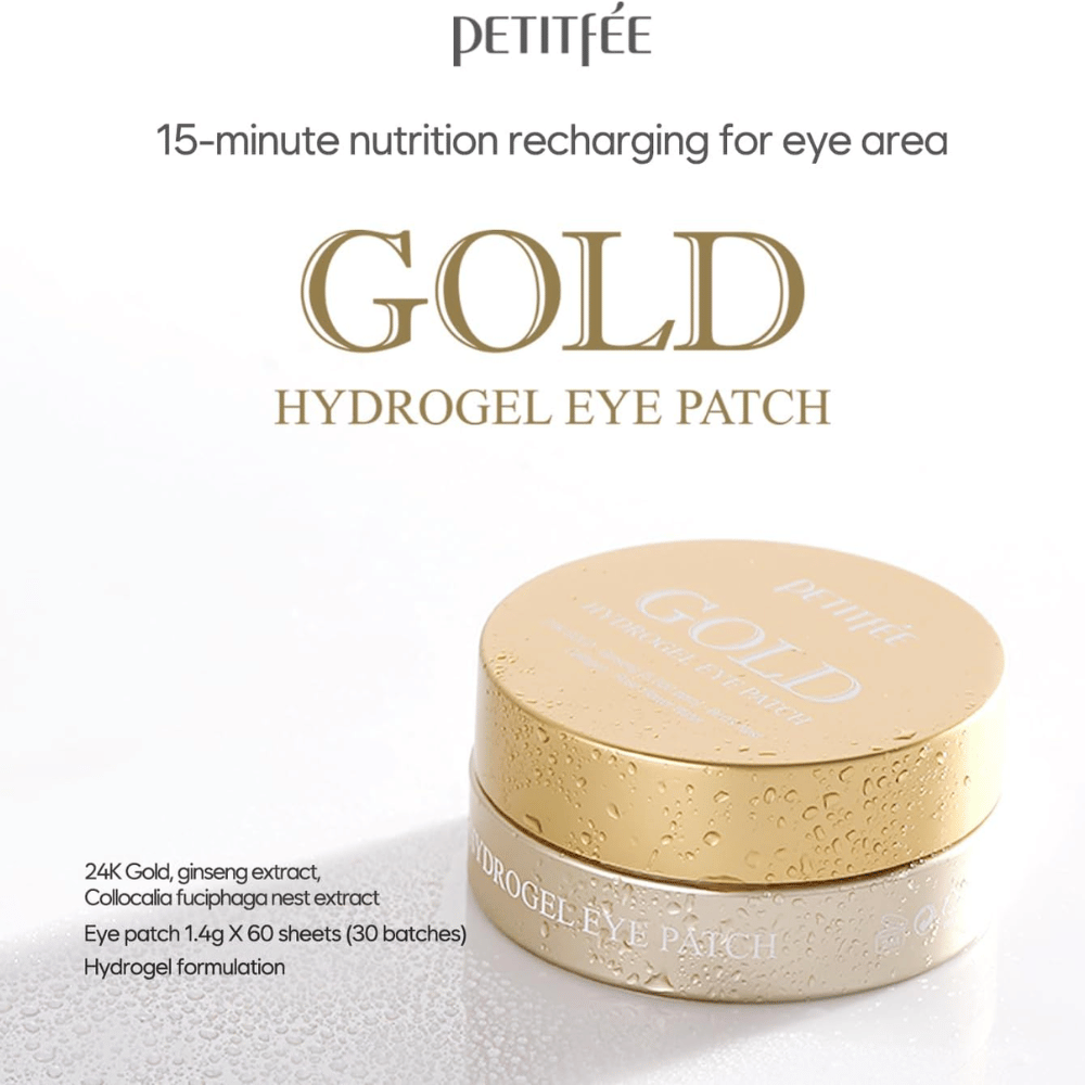 Elegantná produktová fotografia PETITFEE Gold Hydrogel Eye Patch so zlatým balením na svetlom pozadí. Text zdôrazňuje ingrediencie ako 24K zlato, ženšen a hydrogélovú formulu pre hydratáciu a žiarivý vzhľad.