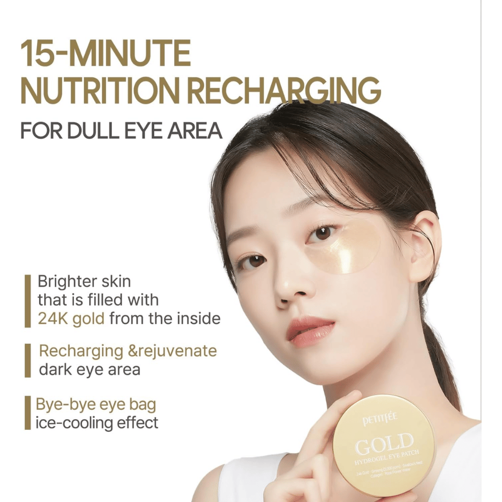 Propagačný obrázok s modelkou, ktorá používa PETITFEE Gold Hydrogel Eye Patch pod okom. Dôraz sa kladie na rozjasnenie, oživenie unavenej pleti a zníženie viditeľnosti tmavých kruhov a opuchov.