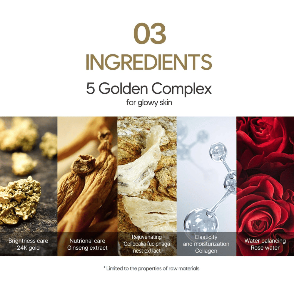 Informačný obrázok o „5 Golden Complex“ s ingredienciami ako 24K zlato, extrakt zo ženšenu, extrakt z vtáčieho hniezda, kolagén a ružová voda. Dôraz sa kladie na jas, elasticitu a hydratáciu.