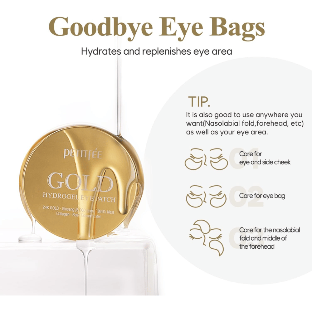 Produktová fotografia PETITFEE Gold Hydrogel Eye Patch so zameraním na hydratáciu a starostlivosť o oblasť pod očami. Obrázok zobrazuje aj rôzne oblasti použitia, ako sú vačky pod očami, oblasť líc a nazolabiálne ryhy.