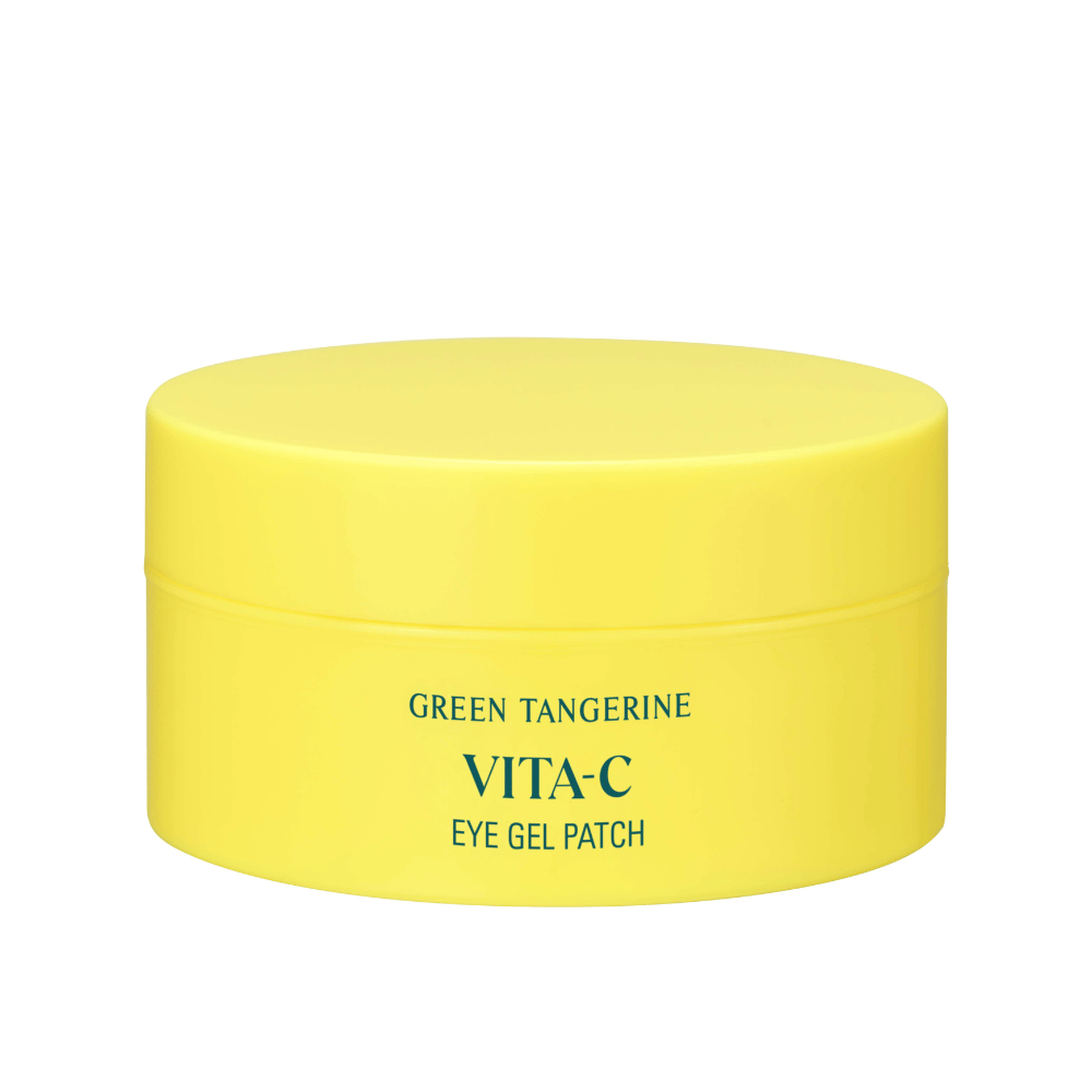 Žltá nádoba označená "GREEN TANGERINE VITA-C EYE GEL PATCH" pravdepodobne očné masky obsahujúce vitamín C.