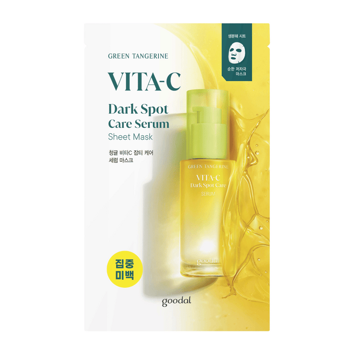 Obal a fľaša pre GREEN TANGERINE VITA-C Dark Spot Care Serum a Sheet Mask so živým žltým pozadím, ktoré symbolizuje vitamín C a starostlivosť o pleť.
