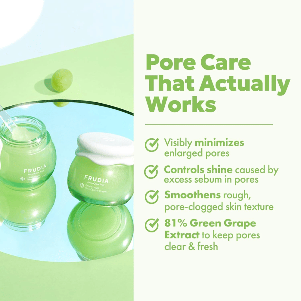 FRUDIA Green Grape Pore Control Cream ktorý viditeľne zmenšuje póry, kontroluje lesk a vyrovnáva štruktúru pokožky s 81 % extraktu zo zeleného hrozna.