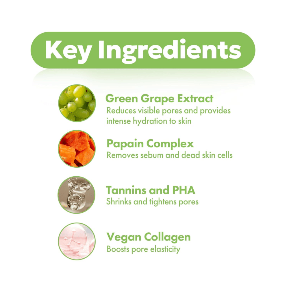 Kľúčové zložky v FRUDIA Green Grape Pore Control Cream s extraktom zo zeleného hrozna, papain, PHA, taníny a vegánsky kolagén pre jasnejšiu a hladšiu pleť.