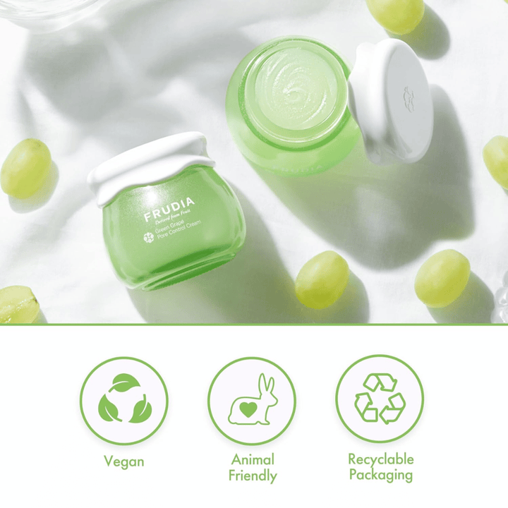 FRUDIA Green Grape Pore Control Cream s extraktom zo zeleného hrozna, vegánsky pleťový krém, ktorý minimalizuje póry, vyvažuje sebum a poskytuje recyklovateľné balenie.