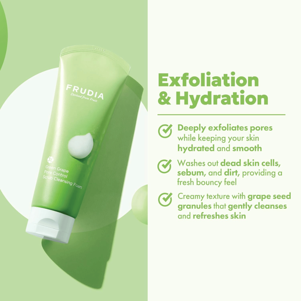 FRUDIA Green Grape Pore Control Scrub Cleansing Foam – exfoliačné čistenie tváre s hroznovými granulami, ktoré odstraňuje nečistoty, maz a odumreté kožné bunky bez vysušovania pokožky.