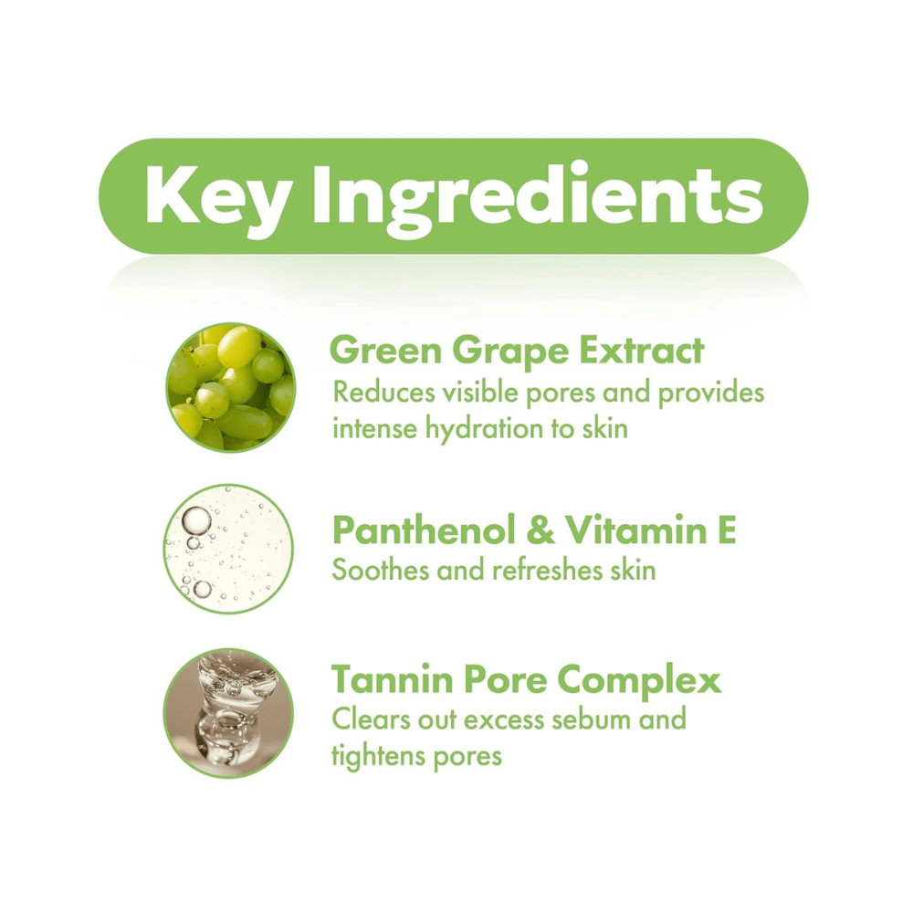 FRUDIA Green Grape Pore Control Scrub Cleansing Foam – kľúčové zložky ako extrakt zo zeleného hrozna, panthenol, vitamín E a tanínový komplex pre čisté a prečistené póry.
