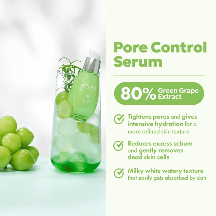 Frudia Green Grape Pore Control Serum ktorý sťahuje póry, znižuje nadbytočný maz a rýchlo sa vstrebáva s ľahkou, mliečnou textúrou pre sviežu a vyváženú pokožku.