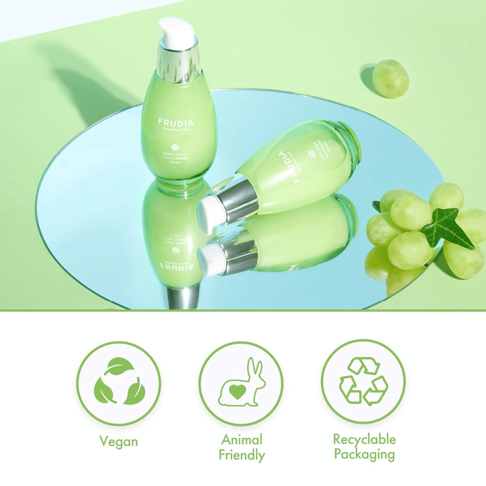 Frudia Green Grape Pore Control Serum so zeleným hroznom, vegánska formula, cruelty-free a recyklovateľné balenie – kórejská starostlivosť o pleť pre zmenšenie pórov a vyváženú pokožku.