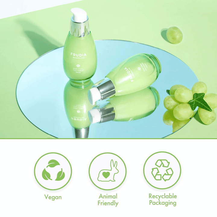 Frudia Green Grape Pore Control Serum so zeleným hroznom, vegánska formula, cruelty-free a recyklovateľné balenie – kórejská starostlivosť o pleť pre zmenšenie pórov a vyváženú pokožku.