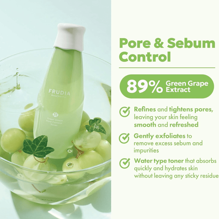 Frudia Green Grape Pore Control Toner s 89 % zeleného hroznového extraktu, ktorý zjemňuje póry, redukuje prebytočný maz a hydratuje pokožku ľahkým, rýchlo sa vstrebávajúcim tonerom bez lepkavého pocitu.