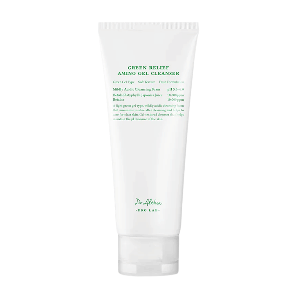 Produkt zobrazuje Dr. Althea Green Relief Amino Gel Cleanser – jemný, vegánsky čistiaci gél s ľahkou zelenou formulou a pH 5,0–6,0 pre citlivú pokožku.