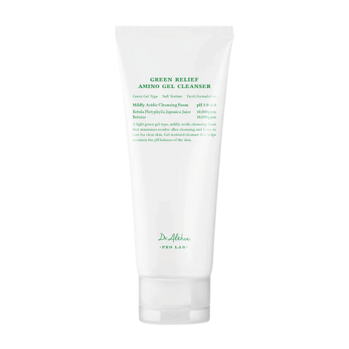 Produkt zobrazuje Dr. Althea Green Relief Amino Gel Cleanser – jemný, vegánsky čistiaci gél s ľahkou zelenou formulou a pH 5,0–6,0 pre citlivú pokožku.