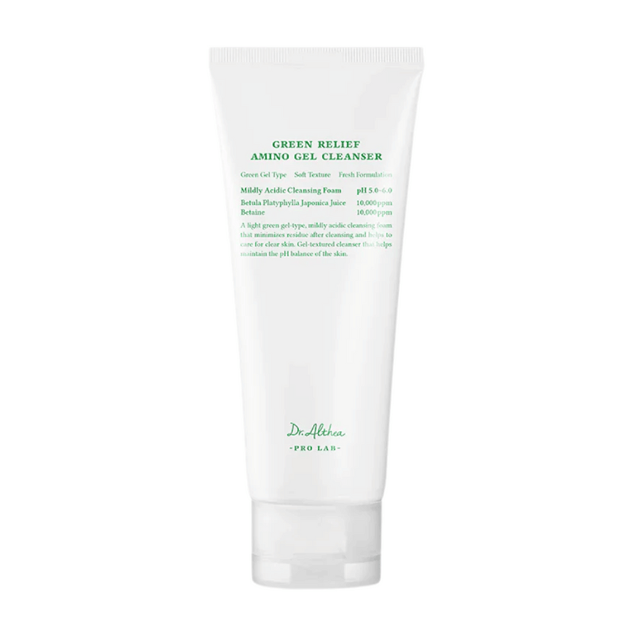 Produkt zobrazuje Dr. Althea Green Relief Amino Gel Cleanser – jemný, vegánsky čistiaci gél s ľahkou zelenou formulou a pH 5,0–6,0 pre citlivú pokožku.